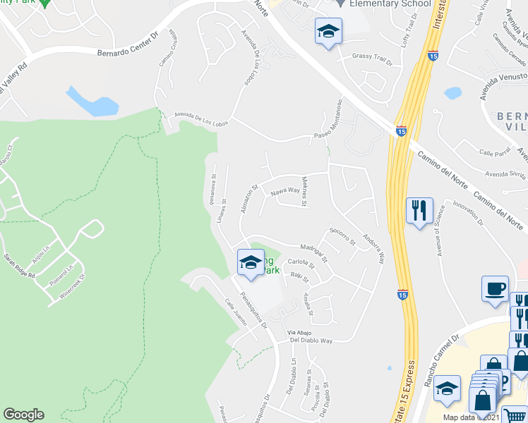 map of restaurants, bars, coffee shops, grocery stores, and more near 15445 Nawa Court in San Diego