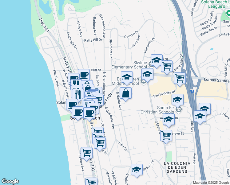map of restaurants, bars, coffee shops, grocery stores, and more near 115 South Nardo Avenue in Solana Beach