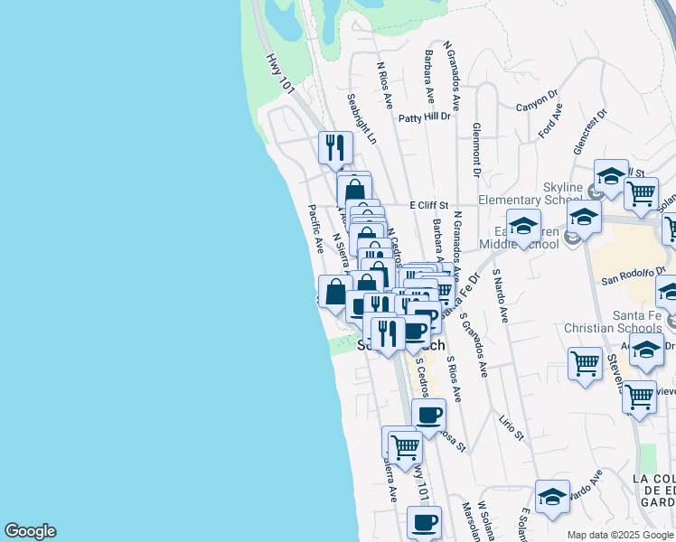 map of restaurants, bars, coffee shops, grocery stores, and more near 244 Pacific Avenue in Solana Beach