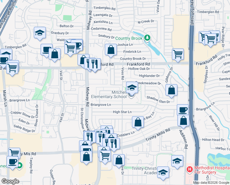 map of restaurants, bars, coffee shops, grocery stores, and more near 18036 Windtop Lane in Dallas