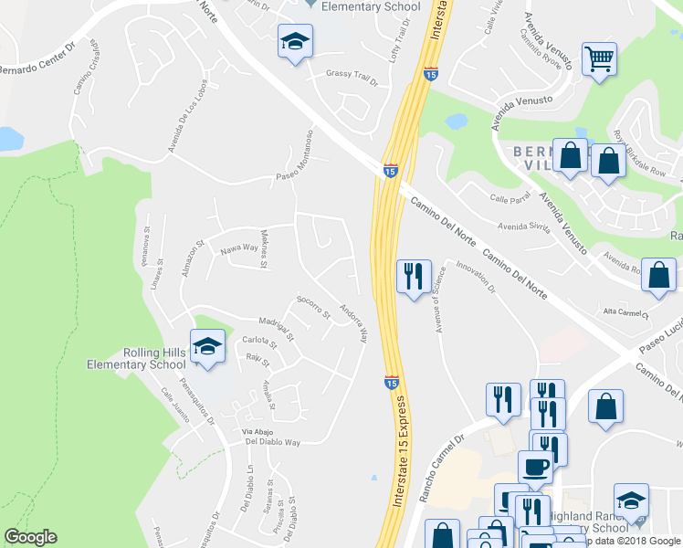 map of restaurants, bars, coffee shops, grocery stores, and more near 11378 Ajanta Court in San Diego