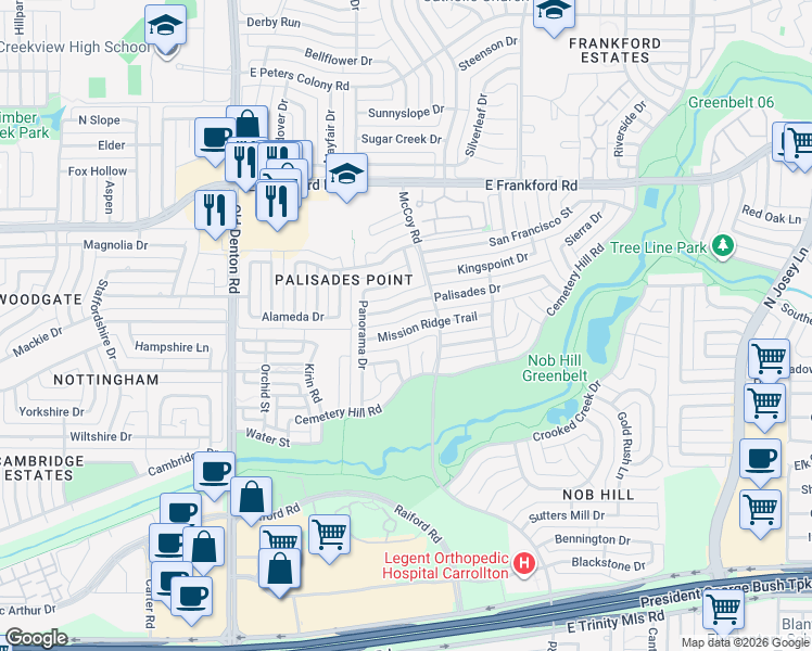 map of restaurants, bars, coffee shops, grocery stores, and more near 1515 Mission Ridge Trail in Carrollton