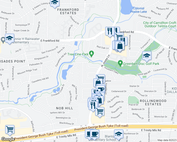 map of restaurants, bars, coffee shops, grocery stores, and more near 2927 Myerwood in Carrollton