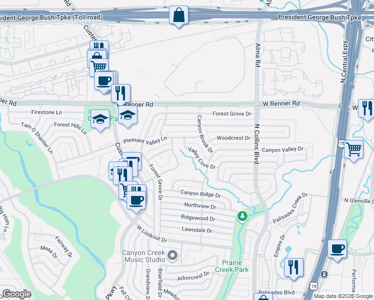 map of restaurants, bars, coffee shops, grocery stores, and more near 417 Valley Cove Drive in Richardson
