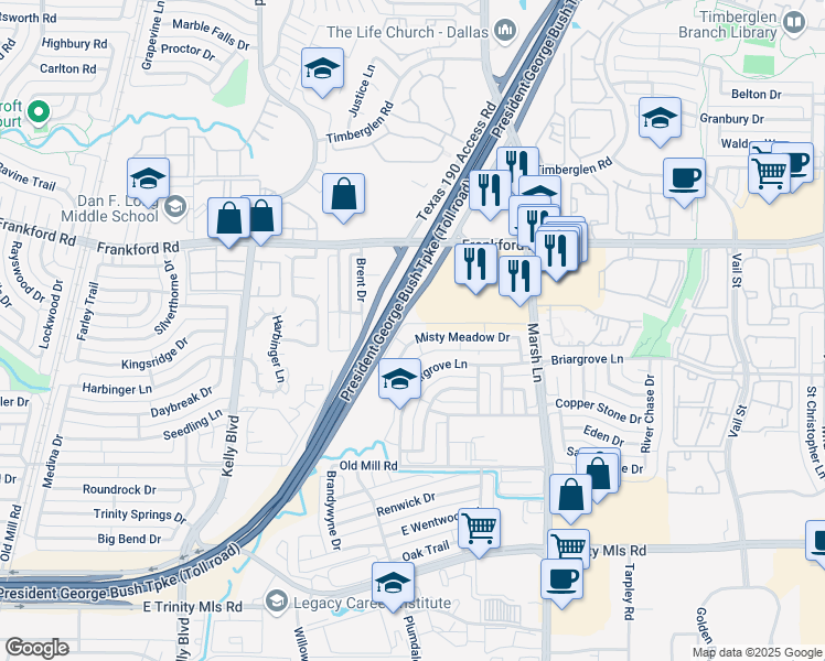map of restaurants, bars, coffee shops, grocery stores, and more near 3455 Misty Meadow Drive in Dallas