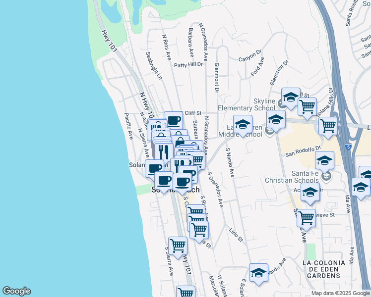 map of restaurants, bars, coffee shops, grocery stores, and more near in Solana Beach