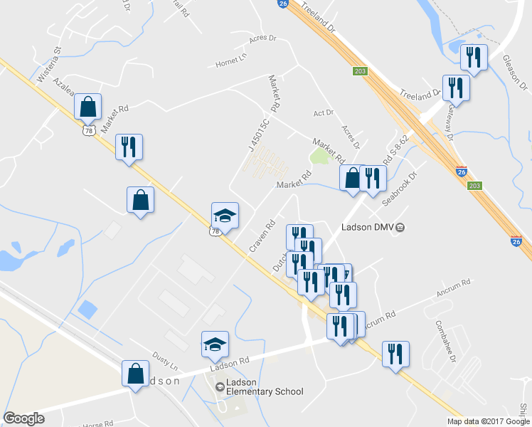 map of restaurants, bars, coffee shops, grocery stores, and more near 111 Craven Road in Ladson