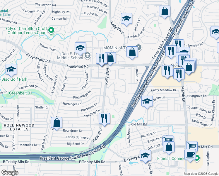 map of restaurants, bars, coffee shops, grocery stores, and more near 3003 Harbinger Lane in Dallas