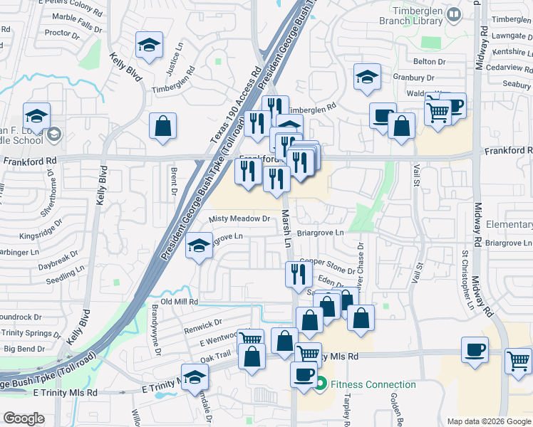 map of restaurants, bars, coffee shops, grocery stores, and more near 3543 Misty Meadow Drive in Dallas