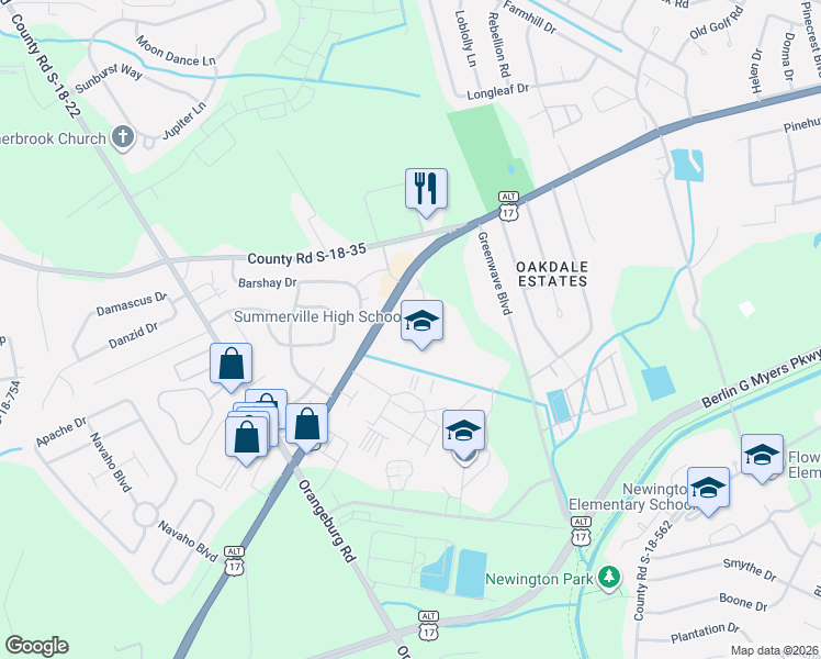 map of restaurants, bars, coffee shops, grocery stores, and more near 1101 Boonehill Road in Summerville