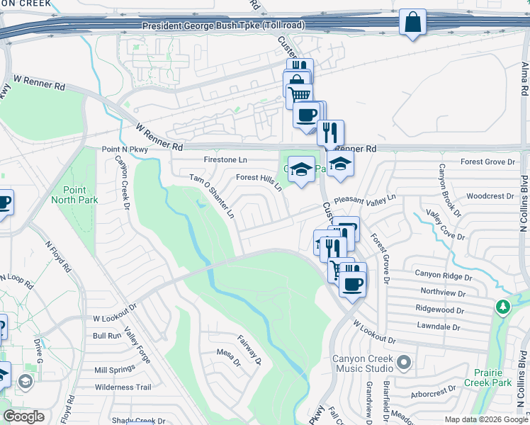 map of restaurants, bars, coffee shops, grocery stores, and more near 2900 Whitemarsh Circle in Richardson