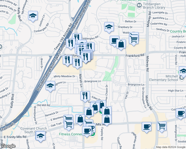 map of restaurants, bars, coffee shops, grocery stores, and more near 3653 Briargrove Lane in Dallas