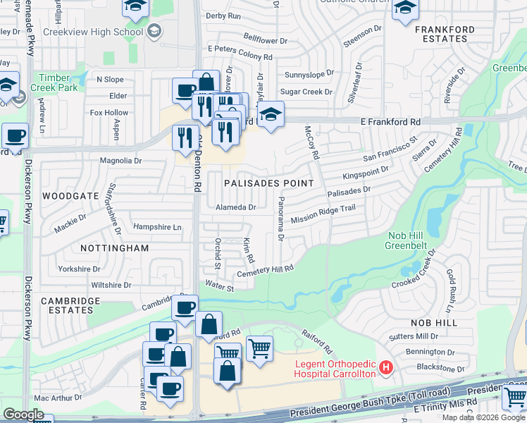 map of restaurants, bars, coffee shops, grocery stores, and more near 1206 Alameda Drive in Carrollton