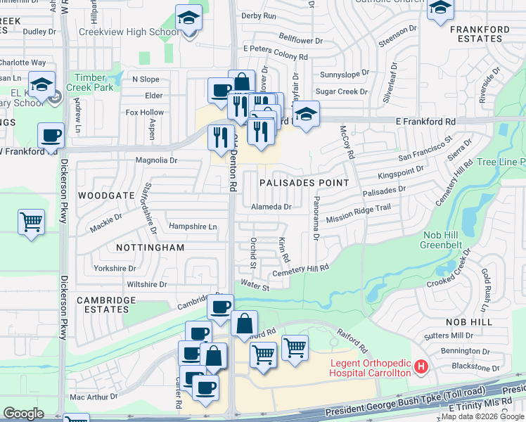 map of restaurants, bars, coffee shops, grocery stores, and more near 1129 Moonstone Street in Carrollton