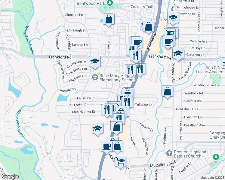 map of restaurants, bars, coffee shops, grocery stores, and more near 6103 Richwater Drive in Dallas