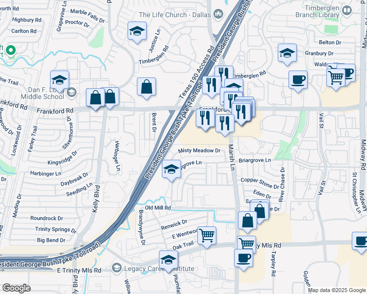 map of restaurants, bars, coffee shops, grocery stores, and more near 3455 Misty Meadow Drive in Dallas