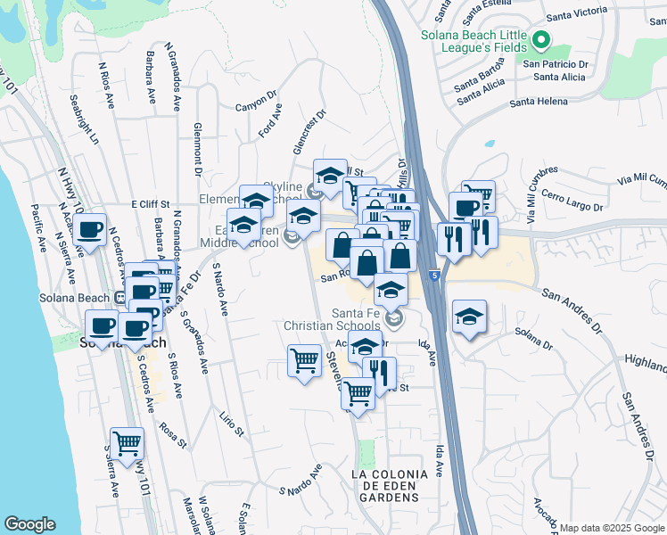 map of restaurants, bars, coffee shops, grocery stores, and more near 622 San Rodolfo Drive in Solana Beach