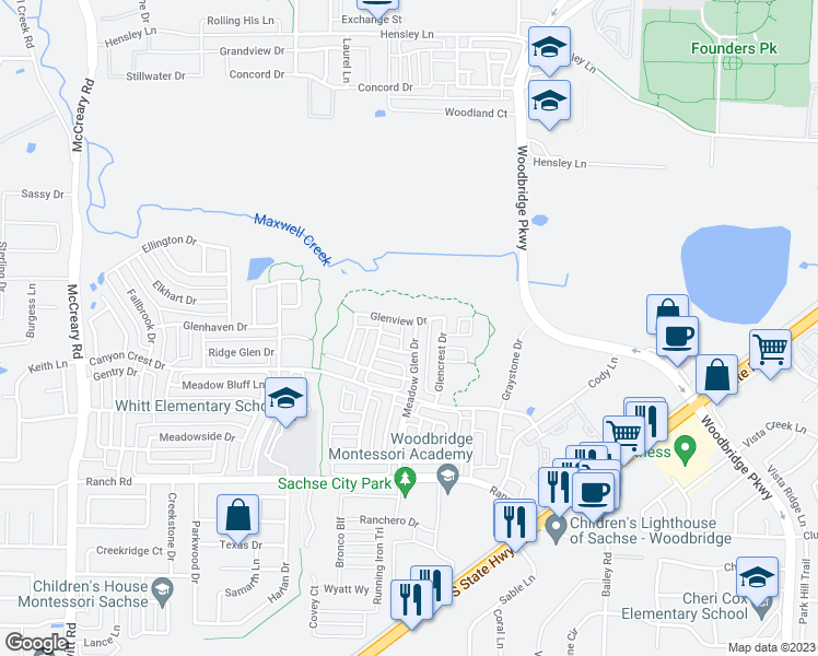 map of restaurants, bars, coffee shops, grocery stores, and more near 7823 Meadow Glen Drive in Sachse