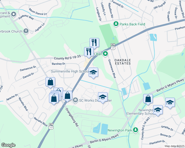 map of restaurants, bars, coffee shops, grocery stores, and more near 1101 Boone Hill Road in Summerville