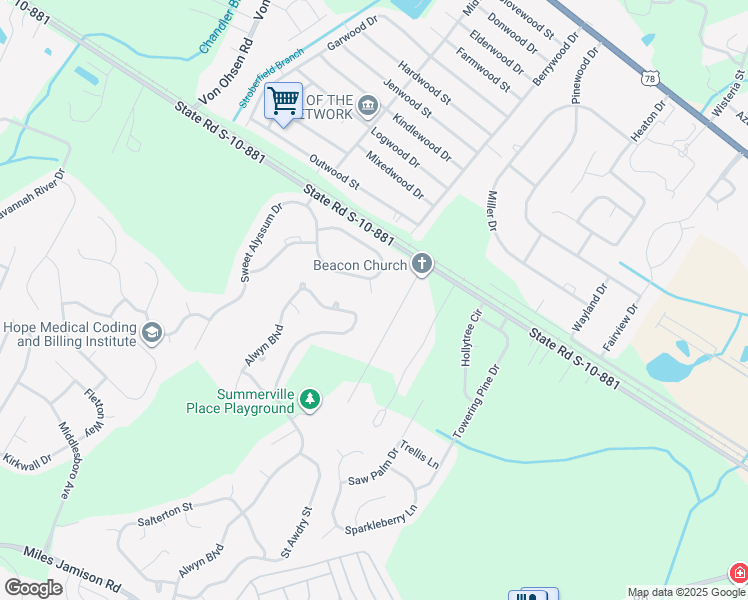 map of restaurants, bars, coffee shops, grocery stores, and more near 107 Tamarack Court in Ladson