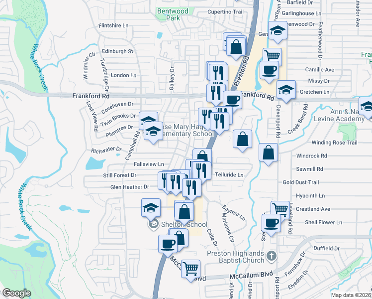 map of restaurants, bars, coffee shops, grocery stores, and more near 17719 Sunmeadow Drive in Dallas