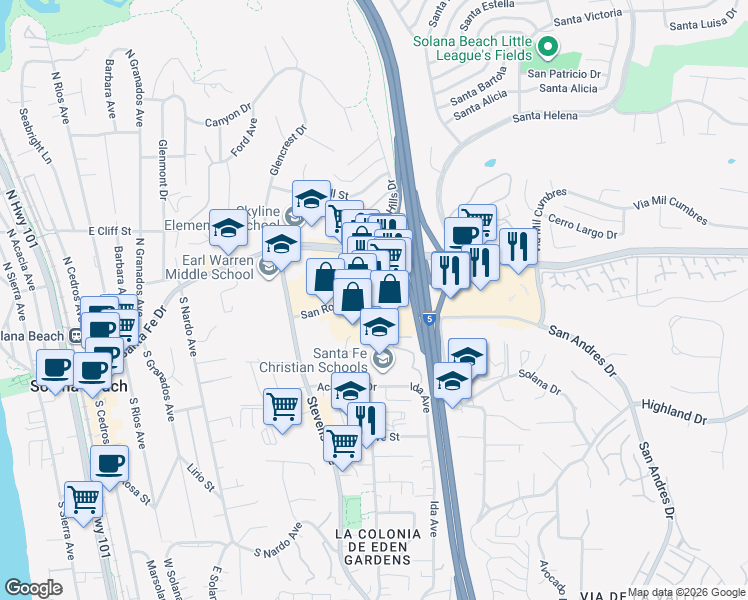 map of restaurants, bars, coffee shops, grocery stores, and more near 681 San Rodolfo Drive in Solana Beach