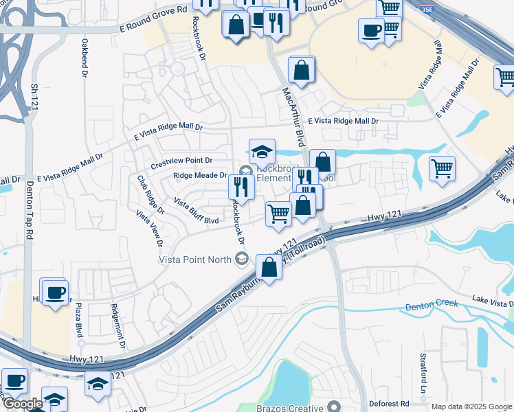 map of restaurants, bars, coffee shops, grocery stores, and more near 2785 Rockbrook Drive in Lewisville
