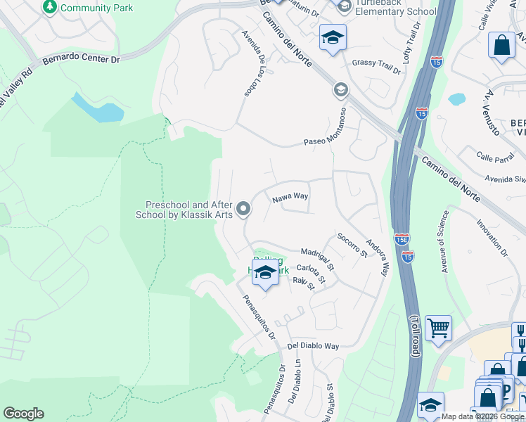 map of restaurants, bars, coffee shops, grocery stores, and more near 15445 Nawa Court in San Diego