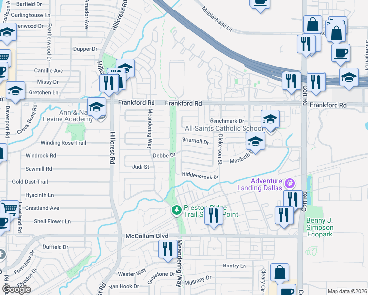map of restaurants, bars, coffee shops, grocery stores, and more near 7302 Debbe Drive in Dallas