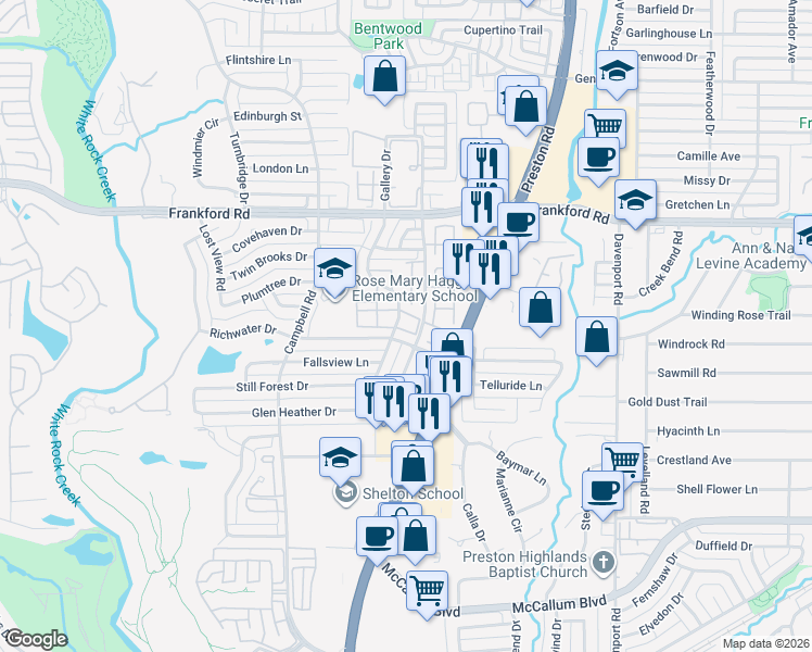 map of restaurants, bars, coffee shops, grocery stores, and more near 6103 Richwater Drive in Dallas