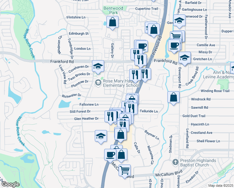 map of restaurants, bars, coffee shops, grocery stores, and more near 6103 Richwater Drive in Dallas
