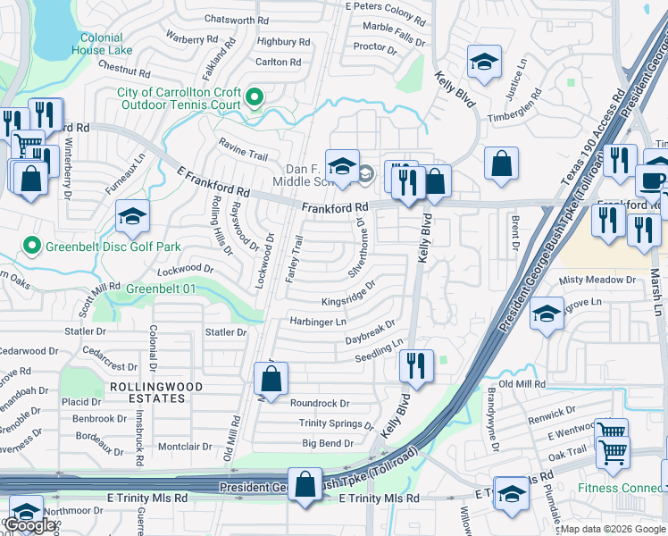 map of restaurants, bars, coffee shops, grocery stores, and more near 2323 Silverthorne Drive in Dallas