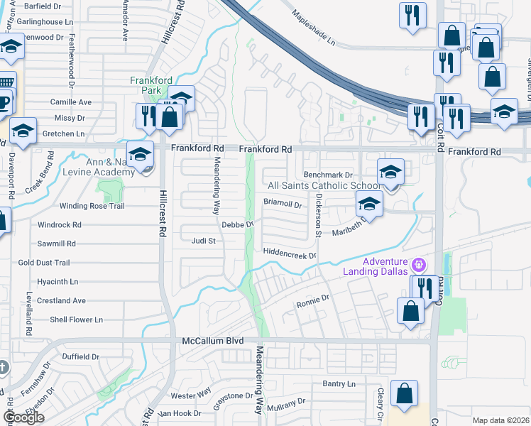 map of restaurants, bars, coffee shops, grocery stores, and more near 7302 Debbe Drive in Dallas