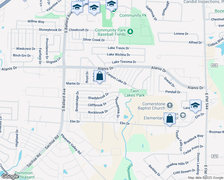 map of restaurants, bars, coffee shops, grocery stores, and more near 218 Shadybrook Drive in Wylie