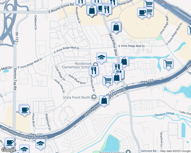 map of restaurants, bars, coffee shops, grocery stores, and more near 2785 Rockbrook Drive in Lewisville
