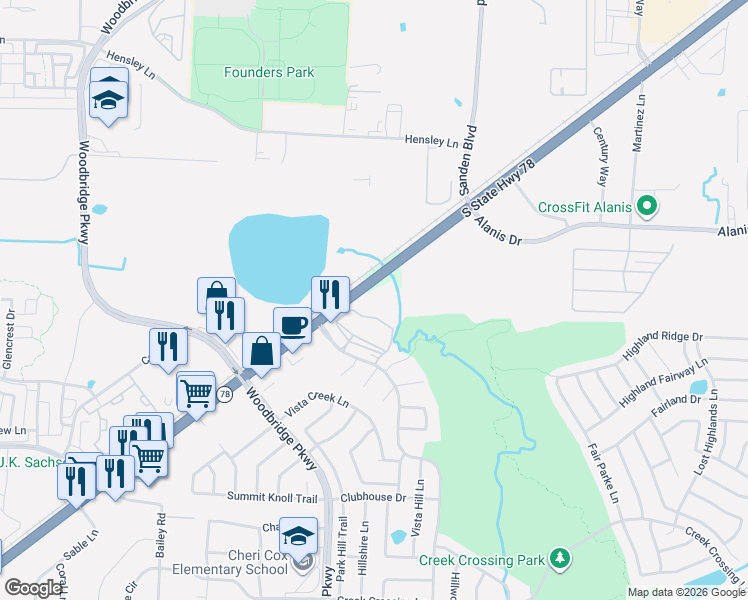 map of restaurants, bars, coffee shops, grocery stores, and more near 7920 Country Club Drive in Sachse