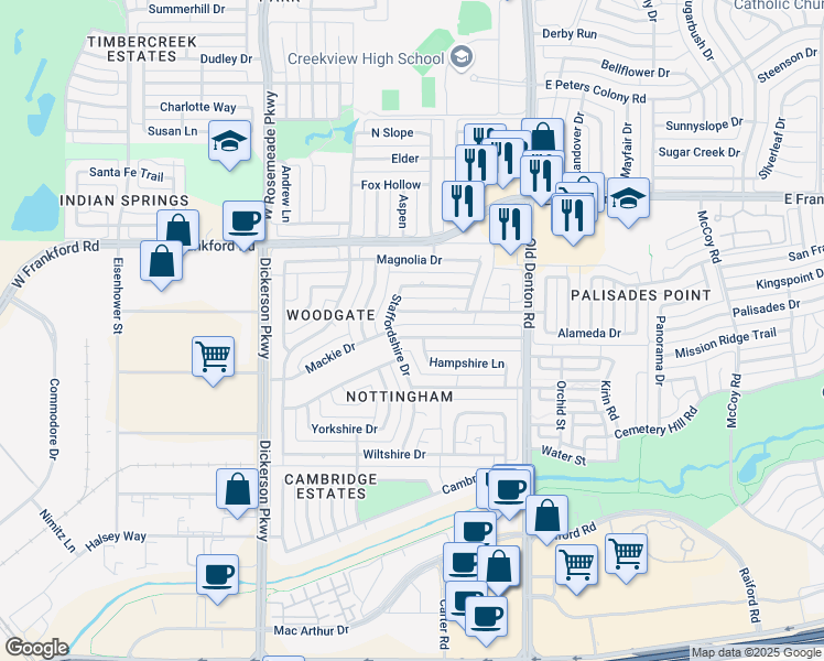 map of restaurants, bars, coffee shops, grocery stores, and more near 1033 Oxfordshire Drive in Carrollton