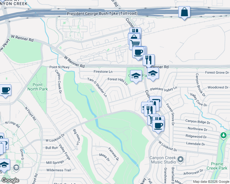 map of restaurants, bars, coffee shops, grocery stores, and more near 8 Doral Place in Richardson