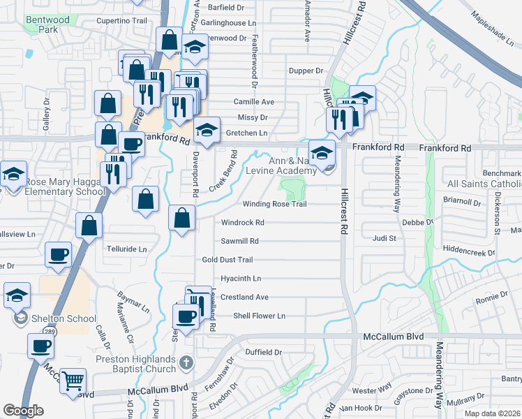 map of restaurants, bars, coffee shops, grocery stores, and more near 6705 Windrock Road in Dallas