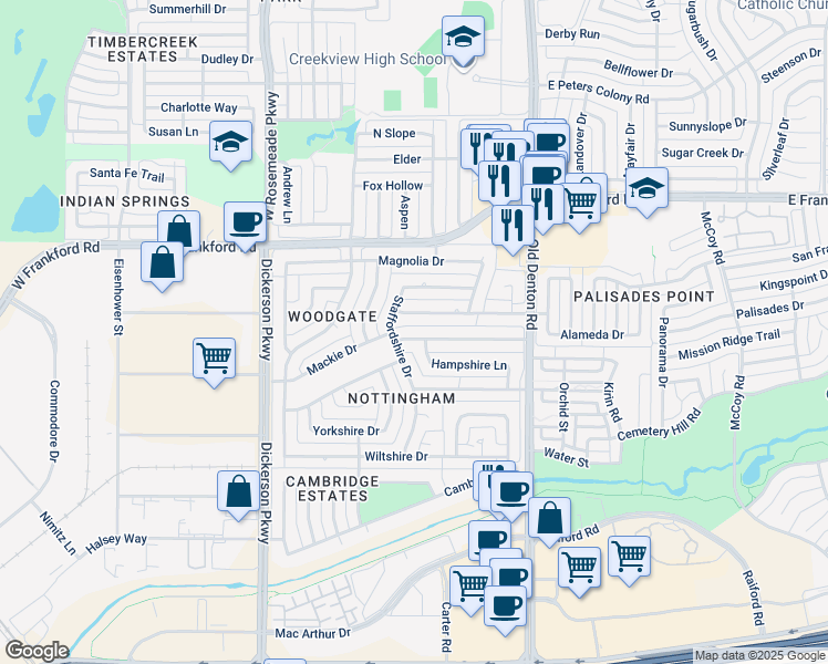 map of restaurants, bars, coffee shops, grocery stores, and more near 1033 Oxfordshire Drive in Carrollton