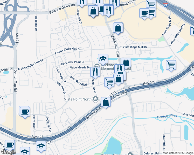 map of restaurants, bars, coffee shops, grocery stores, and more near 2785 Rockbrook Drive in Lewisville