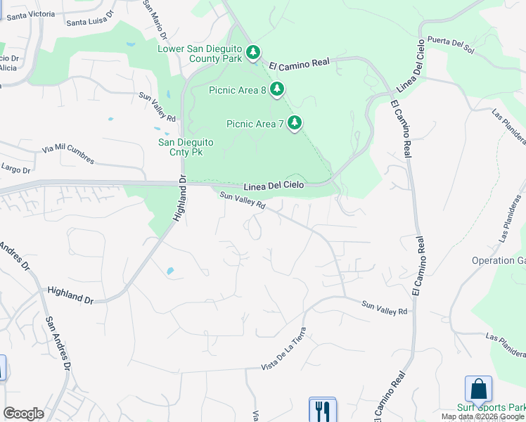 map of restaurants, bars, coffee shops, grocery stores, and more near 15102 Sun Valley Lane in Del Mar