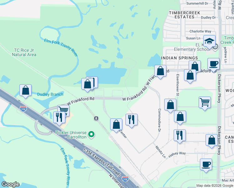 map of restaurants, bars, coffee shops, grocery stores, and more near 1652 West Frankford Road in Carrollton