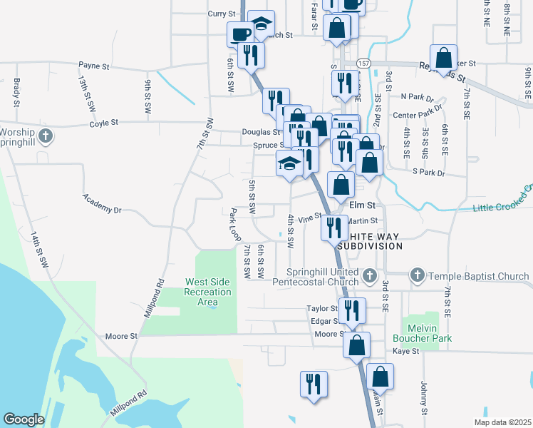 map of restaurants, bars, coffee shops, grocery stores, and more near 1012 4th Street Southwest in Springhill