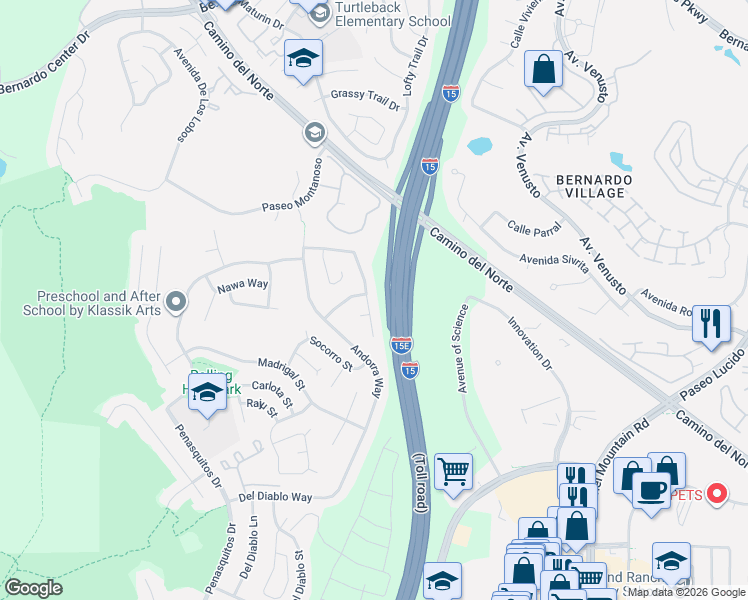 map of restaurants, bars, coffee shops, grocery stores, and more near 11375 Ajanta Court in San Diego