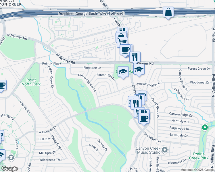 map of restaurants, bars, coffee shops, grocery stores, and more near 2900 Whitemarsh Circle in Richardson