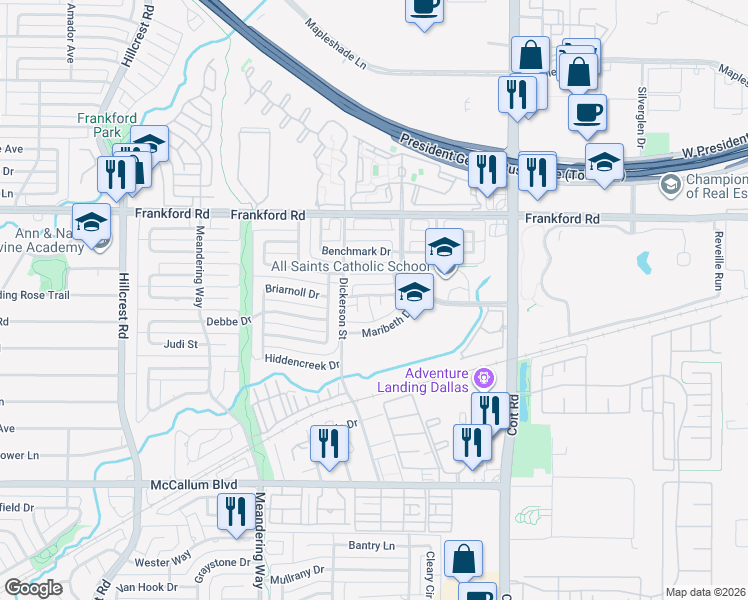 map of restaurants, bars, coffee shops, grocery stores, and more near 7522 Danfield Court in Dallas