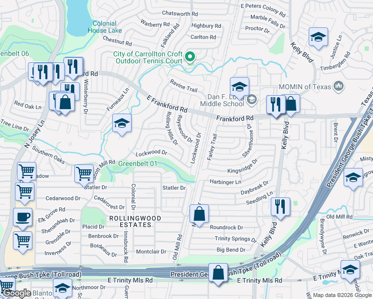 map of restaurants, bars, coffee shops, grocery stores, and more near 2905 Lockwood Drive in Carrollton