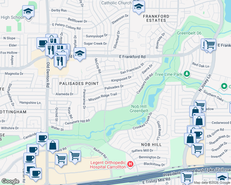 map of restaurants, bars, coffee shops, grocery stores, and more near 1615 Piedmont Place in Carrollton