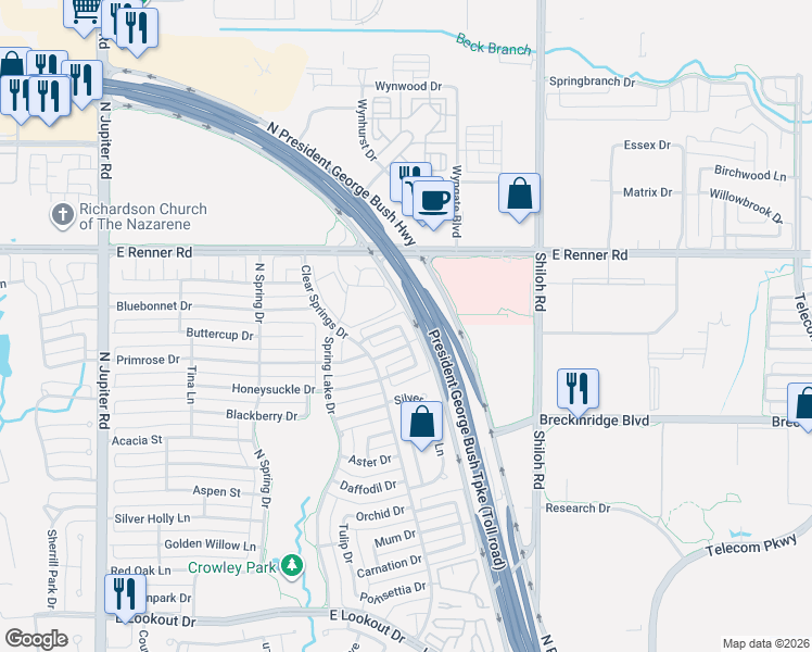 map of restaurants, bars, coffee shops, grocery stores, and more near 3120 Park Garden Place in Richardson